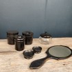 Ebony wood toiletry set & blackened wood hand mirror